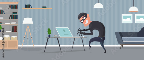 Thief in the house. A robber steals data from a laptop. Security concept. Thief man steals an apartment. Robbery at home. Flat style vector illustration.