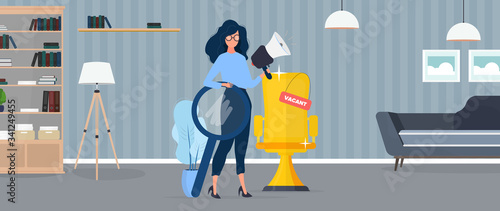 Girl with a shout and a magnifier. The girl is looking for new workers. Golden office chair. Free place. Office. The concept of finding people for work. Vector.