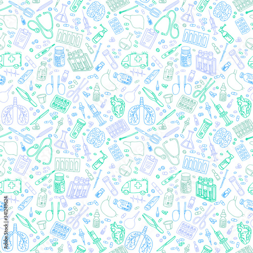 Medicine doodle. Hand drawn vector seamless pattern