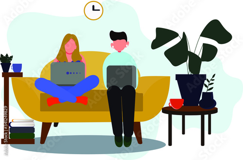 a girl and a man are sitting on a sofa with laptops. Freelance. The concept of working remotely from home