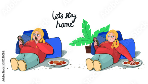 vector illustration of a stay at home. things to do at home. Funny comic on the topic of gluttony, laziness and saving the figure