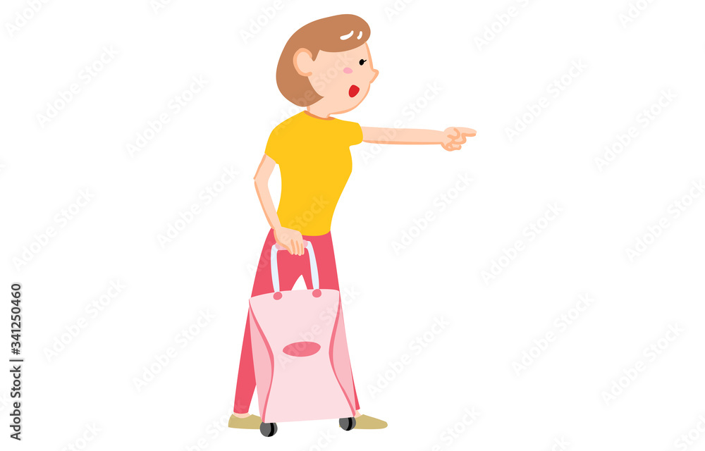 スーツケースを持って前方を指さす女性のイラスト スーツケースを持って前方を指さす女性のイラスト