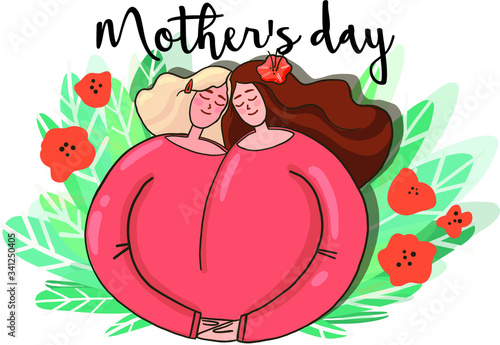 postcard sticker for mother's day. Relations in the family in two generations. Suitable as an illustration for women's day. Two hearts in one. native blood and soul