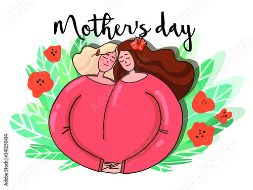 postcard sticker for mother's day. Relations in the family in two generations. Suitable as an illustration for women's day. Two hearts in one. native blood and soul