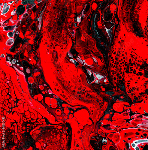 Abstraction painted with liquid acrylic, the red shapes with black