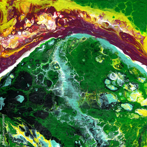 Abstraction painted with liquid acrylic, the green shapes with purple and yellow