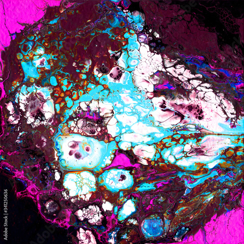 Abstraction drawn by liquid acrylic, color explosion burgundy, pink, turquoise, purple