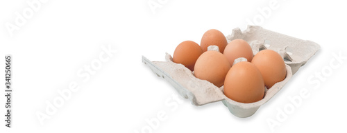 Carton of fresh eggs isolated on white. Copy space on left.