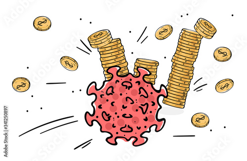 Coronavirus knocks down stacks of coins. Money is scattered. Describes a financial crisis due to a pandemic.