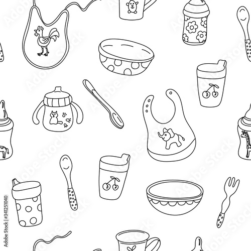 Vector seamless pattern with baby feeding goods on white background. Bibs, bottles, sippy, spoons, bowls. Great for fabrics, wrapping papers, covers. Hand drawn illustration in doodle style black ink.