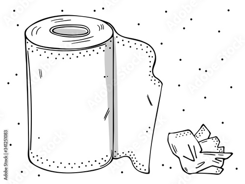 Illustration of a roll of paper towels and a used napkin. Monochrome image on a white.