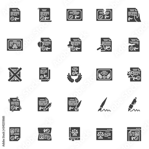 Legal documents vector icons set, modern solid symbol collection, filled style pictogram pack. Signs, logo illustration. Set includes icons as online attorney service, law book, agreement, contract