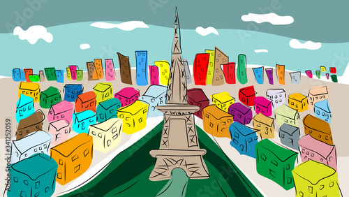The colorful city of Paris. Hand-drawn. Imitation of a coloring picture with watercolor paints. Children's drawing.