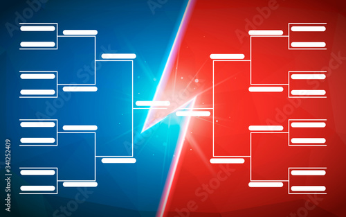 Tournament bracket template for 16 teams on blue and red background with flash