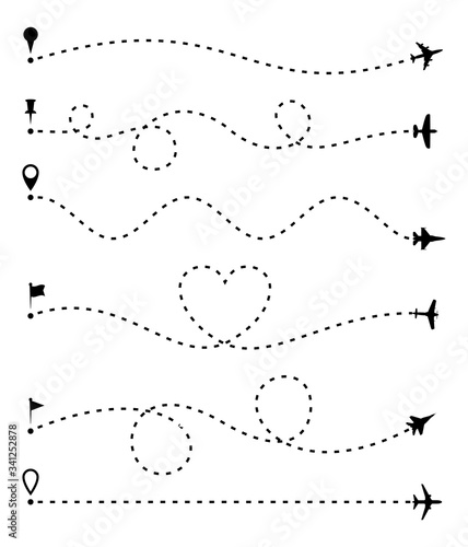 Airplane route set, dashed line trace and plane routes isolated on white. Plane line path, Aircrafts and pins symbols. Airplane directional pathway, map dotted trail and fly direction. Vector