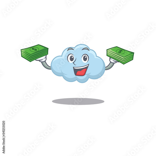 A wealthy blue cloud cartoon character having money on hands