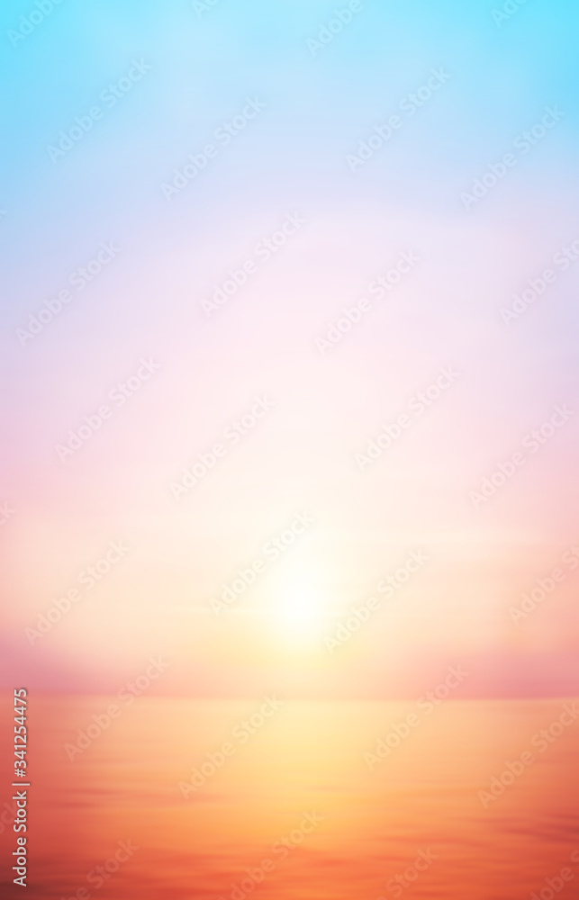 Naklejka premium Blur sunrise horizon cool sea background on horizon tropical sandy beach; relaxing outdoors vacation 