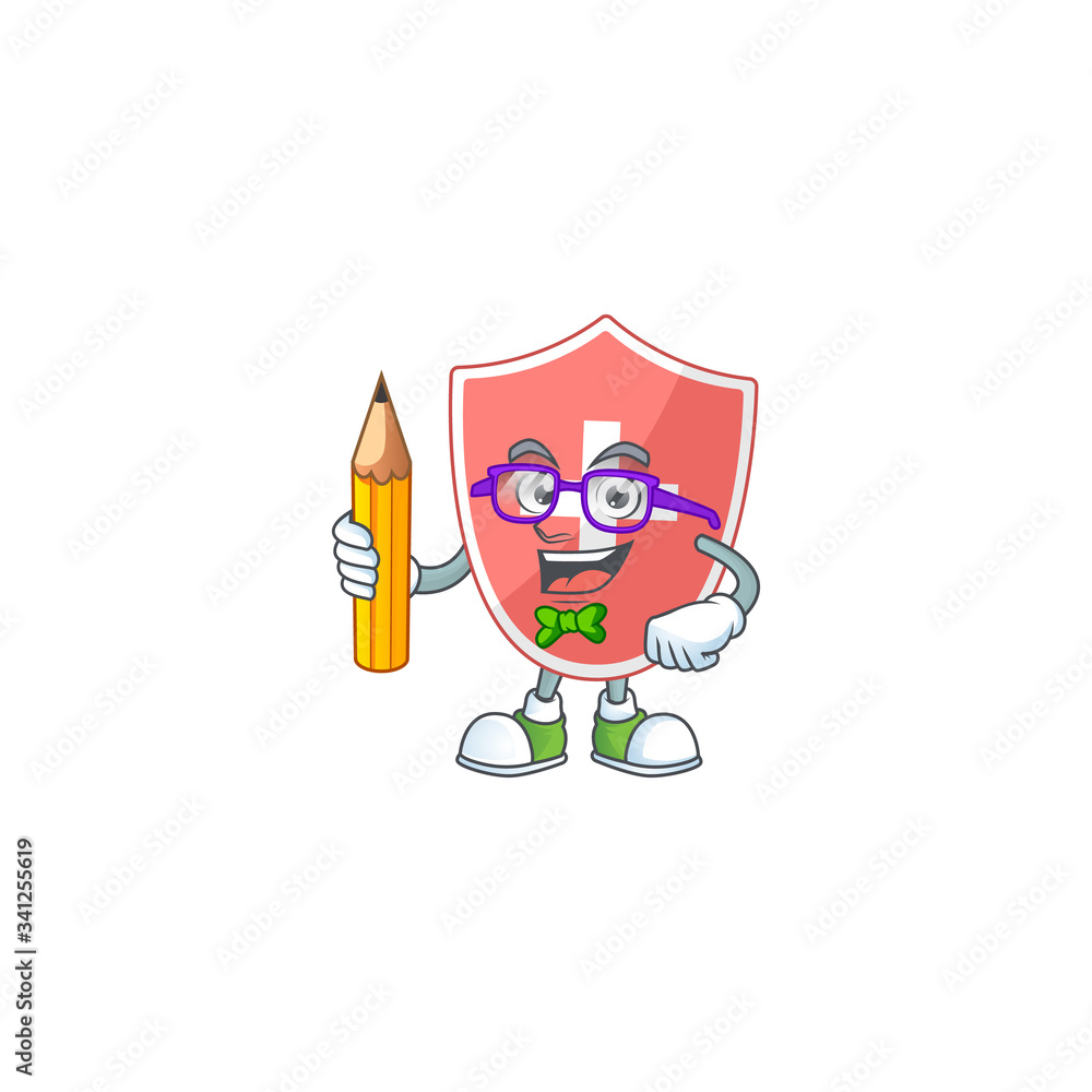 Medical shield student cartoon character studying with pencil