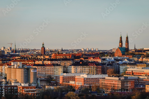 Stockholm, Sweden The skyline of the city and Högalid Church and City Hall. © Alexander