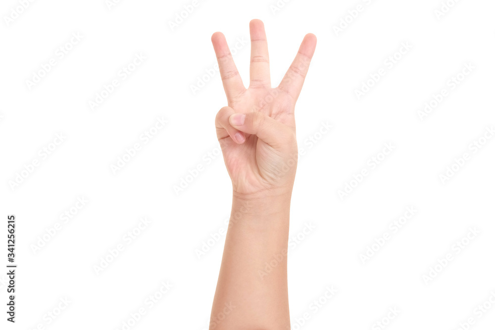 Boy's hand shown three finger symbol isolated white background for graphic designer. Boy's hand shown three finger symbol isolated white background for graphic designer.