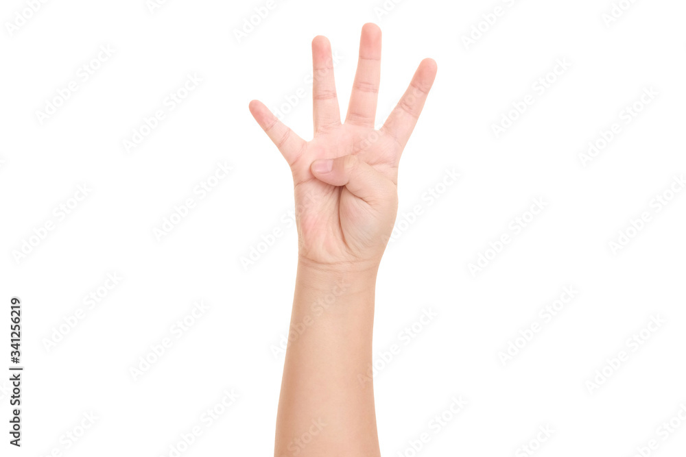 Boy's hand shown four finger symbol on isolated white background for graphic designer. Boy's hand shown four finger symbol on isolated white background for graphic designer.