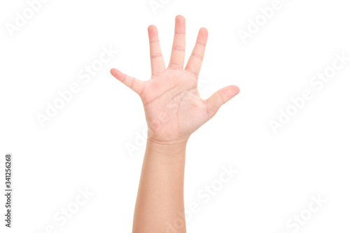 Boy's hand shown five finger symbol on isolated white background for graphic designer. © suthisak