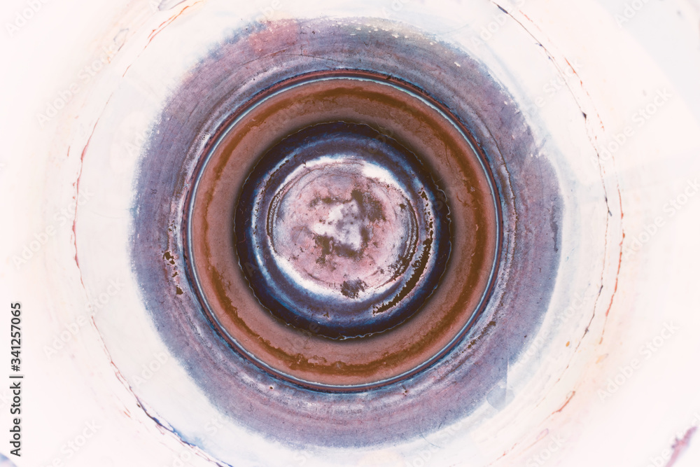 Abstract Circle Background. Top View Dried Empty Watercolor Bottle. Abstract Circle Background. Top View Dried Empty Watercolor Bottle.