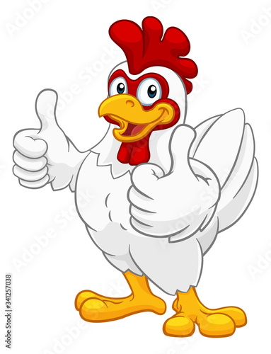 A chicken cartoon rooster cockerel character mascot giving a thumbs up.