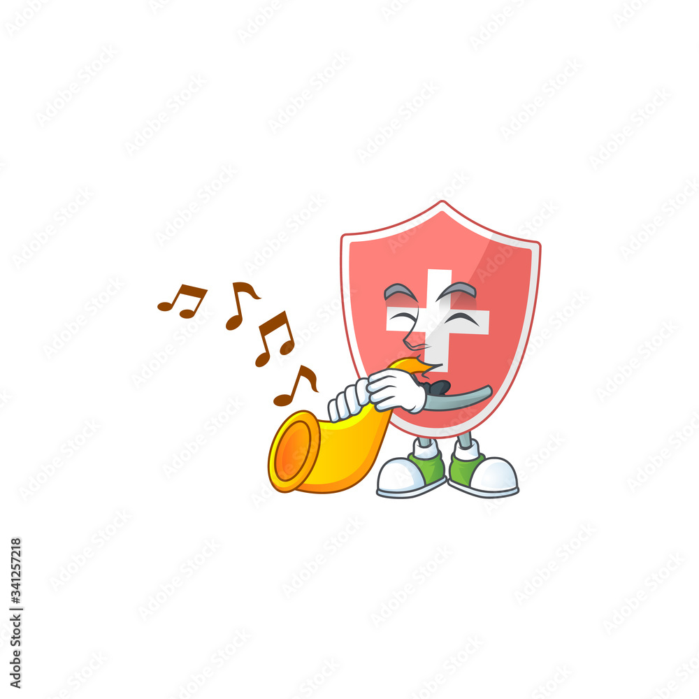 A brilliant musician of medical shield cartoon character playing a trumpet