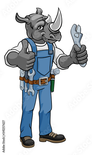 A rhino cartoon animal mascot plumber, mechanic or handyman builder construction maintenance contractor holding a spanner or wrench and giving a thumbs up