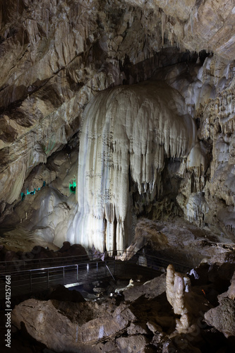 Abkhazia, underground caves of New Athos. Stalactites and stalagmites.