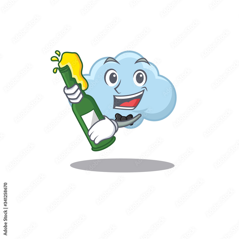 Mascot character design of blue cloud say cheers with bottle of beer