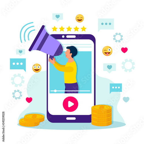 Video blog monetization concept. Video with influencer video blogger on smartphone screen with a megaphone in hands with likes and smiling emoticons.