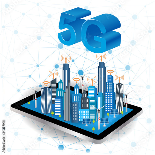 Modern city connected to 5G  global network.