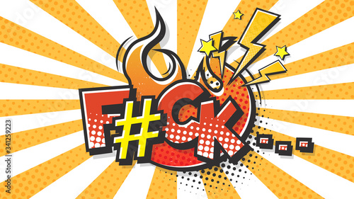 Fuck, wtf halftone expression text on a Comic fire bubble. Vector illustration of a bright and dynamic cartoonish img in retro pop art style isolated on colorful orange background