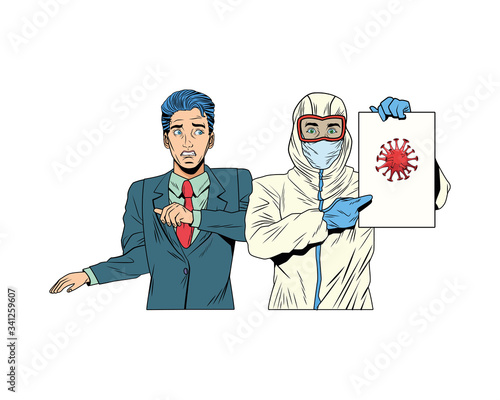 businessman and man with biosafety suit lifting covid19 label