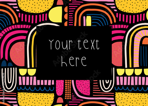 Abstract shapes card vector template. Colorful doodle shapes collage pattern on black. Cute playful vibrant card template with editable text. Modern design for kids, party invite, flyers, cards