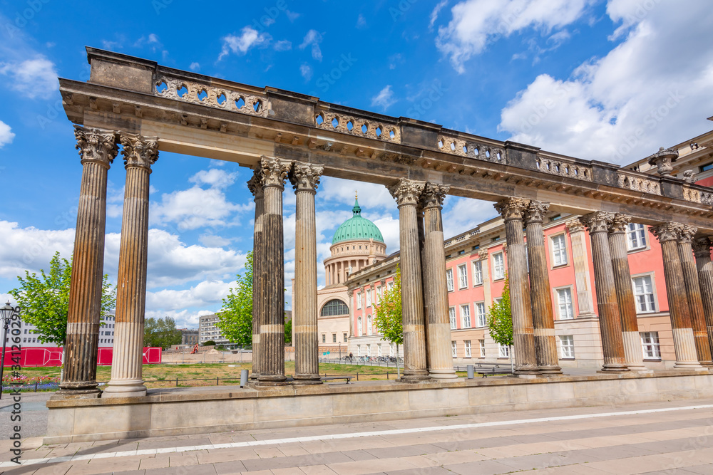Ancient columns, St. Nicholas' Church and Brandenburg parliament (Landtag) Potsdam, Germany