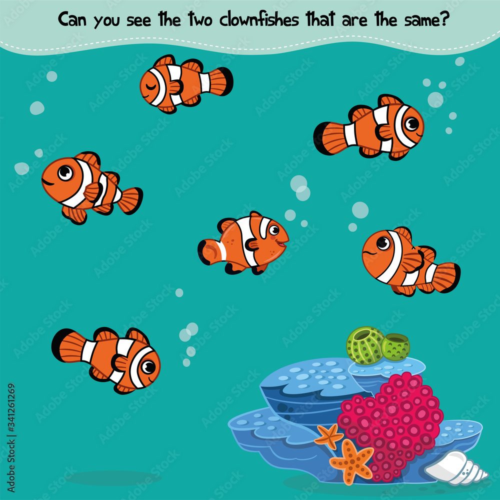 Find the same fish matching game for kids. Vector illustration.