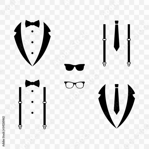 Wedding suit, tuxedo, bow-tie, suspenders, tie isolated on transparent background.
