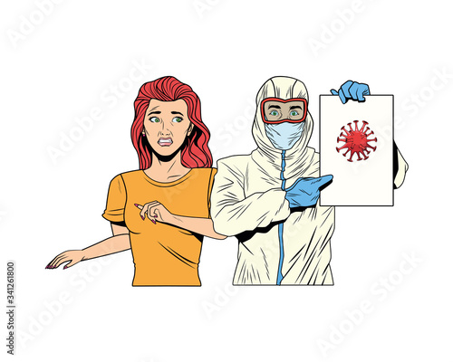 worker with biosafety suit and woman lifting covid19 label