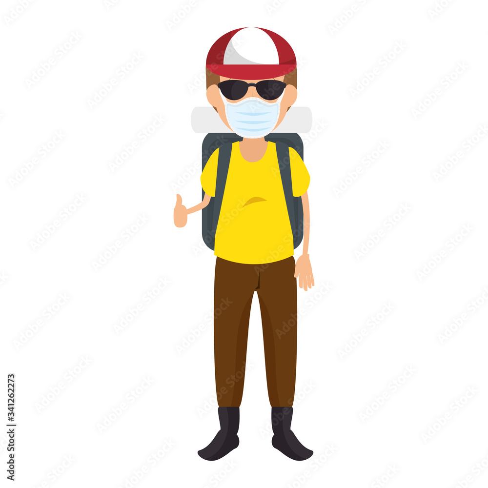 man with face mask with sunglasses and cap vector illustration design