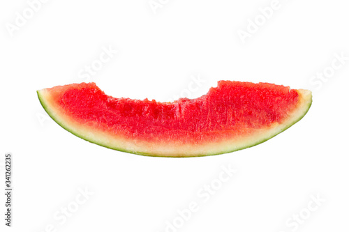 slice of watermelon with bites, isolated on white background