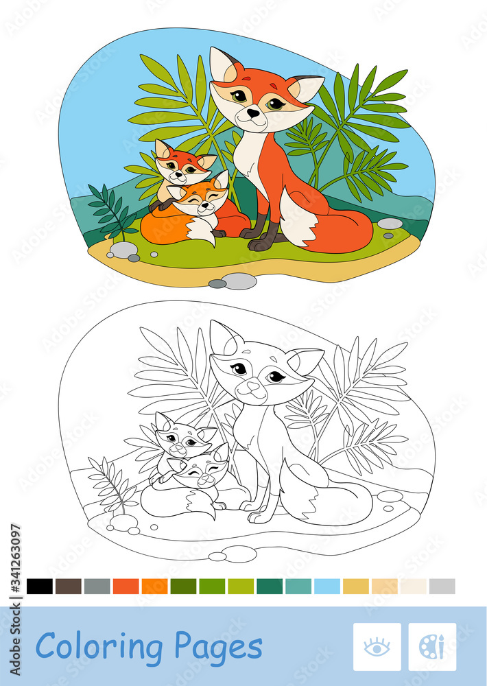 Colored template and colorless contour image of a mother fox and two ...
