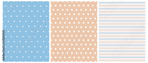 Seamless Vector Patterns with White Dots, Diamonds and Stripes Isolated on a Light Beige, Pastel Blue and Light Gray Background. Simple Geometric Repeatable Design. Simple Dotted Print. 