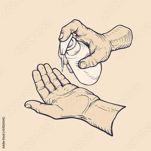 washing hands with hand sanitizer, vintage vector illustration