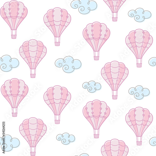 Clouds and decorative pink hot air balloons with hearts and beads on a white background. Vector seamless pattern for greeting card, wrapping paper, kids wallpaper, printing on clothes, fabric, textile © KuraitennoDesign