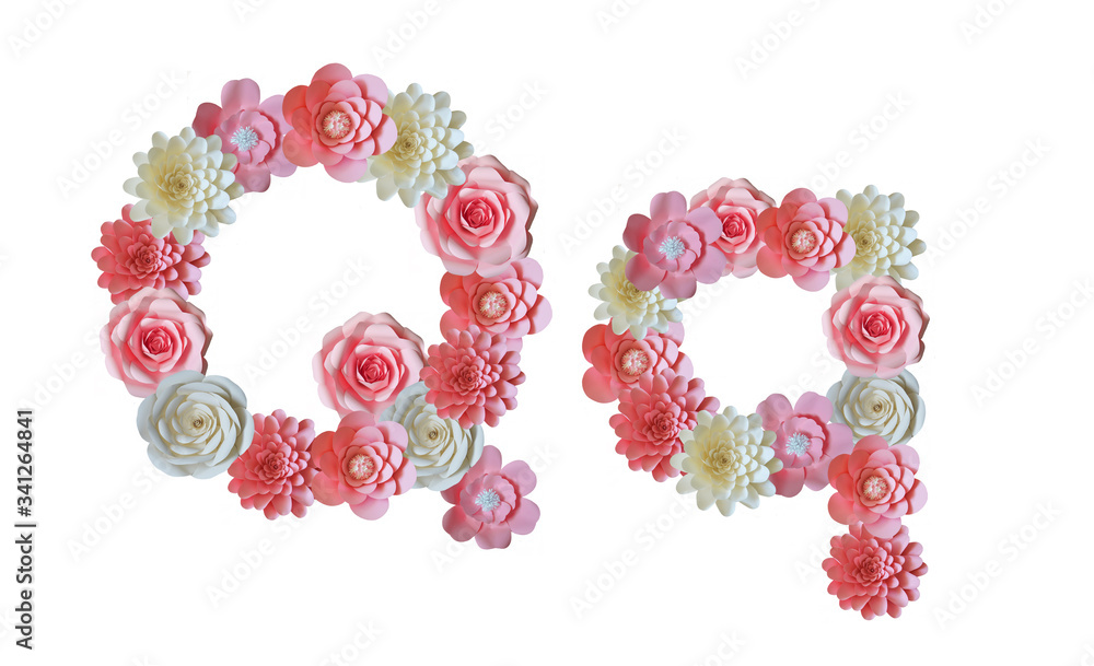 Alphabet of paper flowers. Letters on a white background. Pink and white flowers. Alphabet of paper flowers. Letters on a white background. Pink and white flowers.