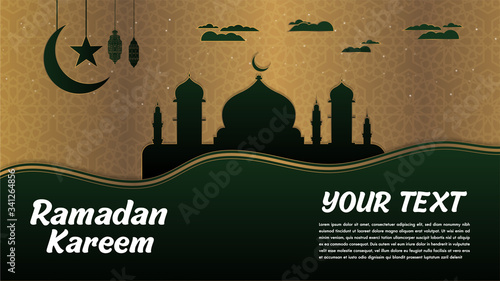 Ramadan Kareem or Eid Mubarak premium black dark green and golden Islamic design background.Design moon mosque and classic lantern.Greeting card, invitation for muslim community.Vector Illustration.