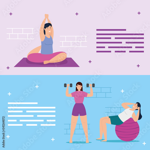 group young women practicing exercise vector illustration design